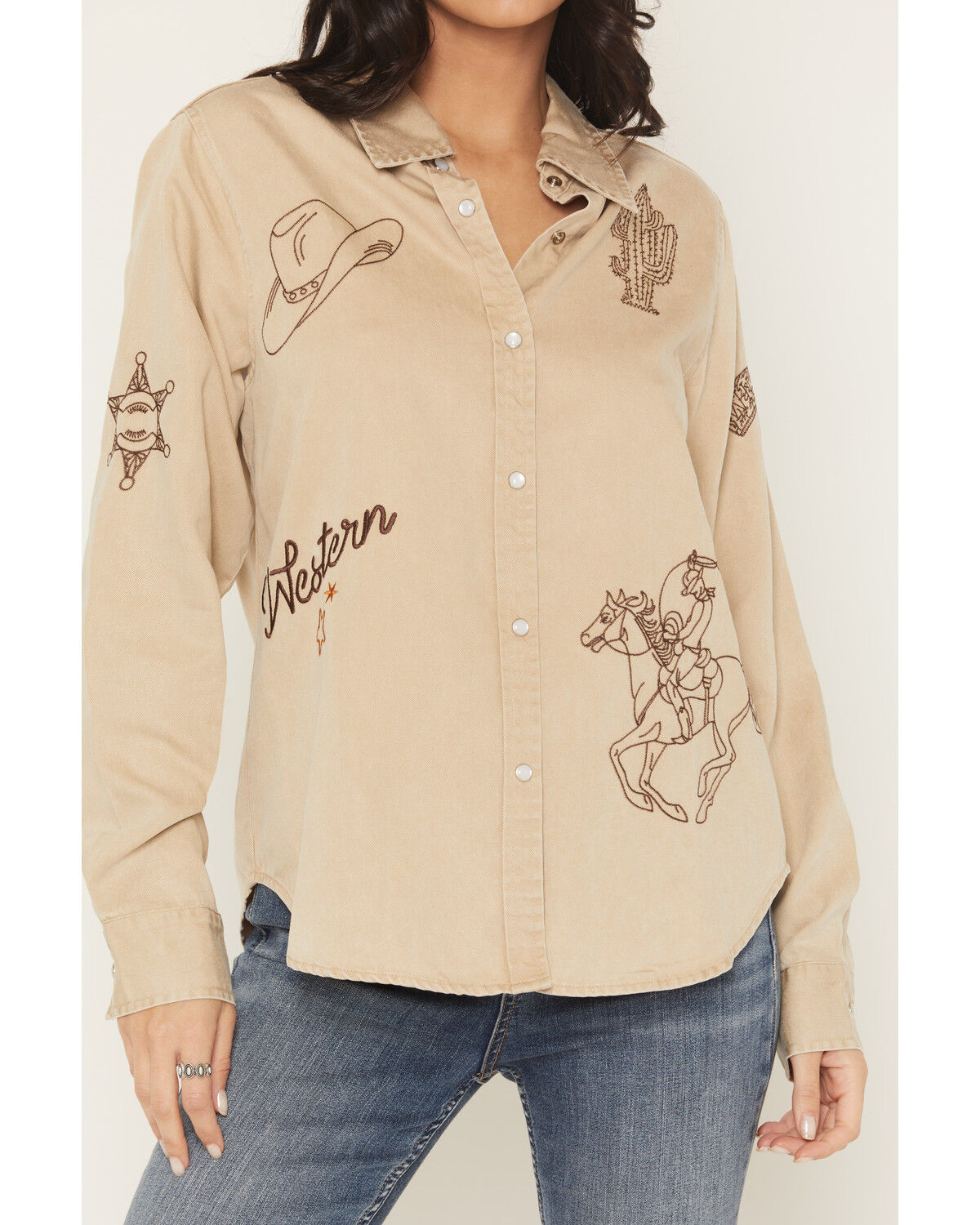 Image #3 - Blue B Women's Western Embroidered Long Sleeve Pearl Snap Western Shirt, Taupe, hi-res
