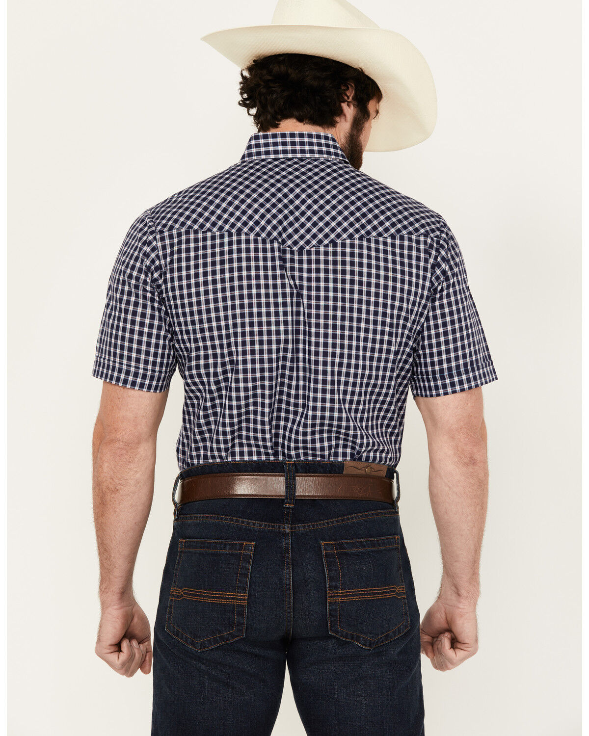 Image #4 - Ely Walker Men's Plaid Print Short Sleeve Snap Western Shirt, Navy, hi-res