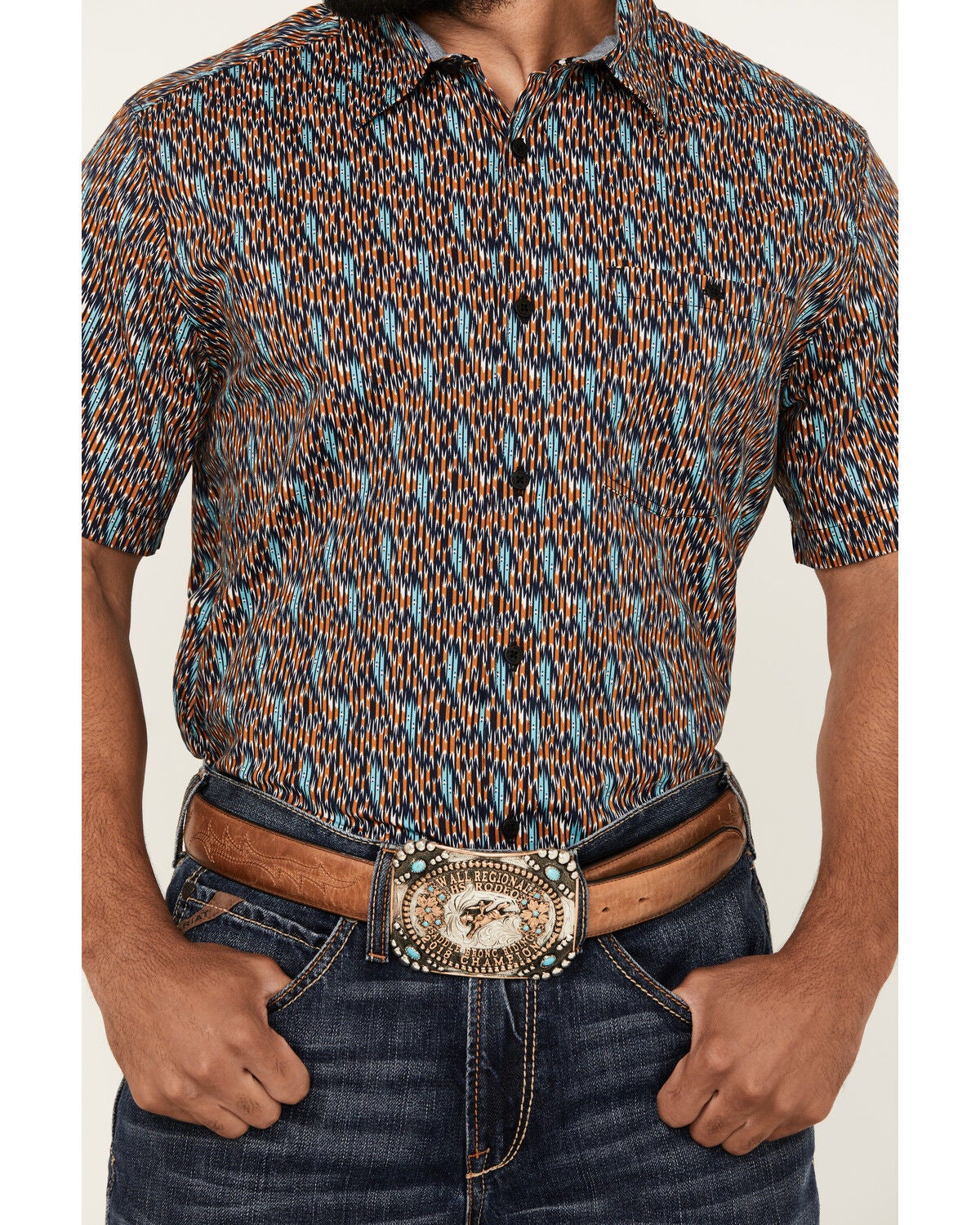 Image #3 - RANK 45&reg; Men's Raflame Geo Print Short Sleeve Button-Down Stretch Western Shirt, Gold, hi-res