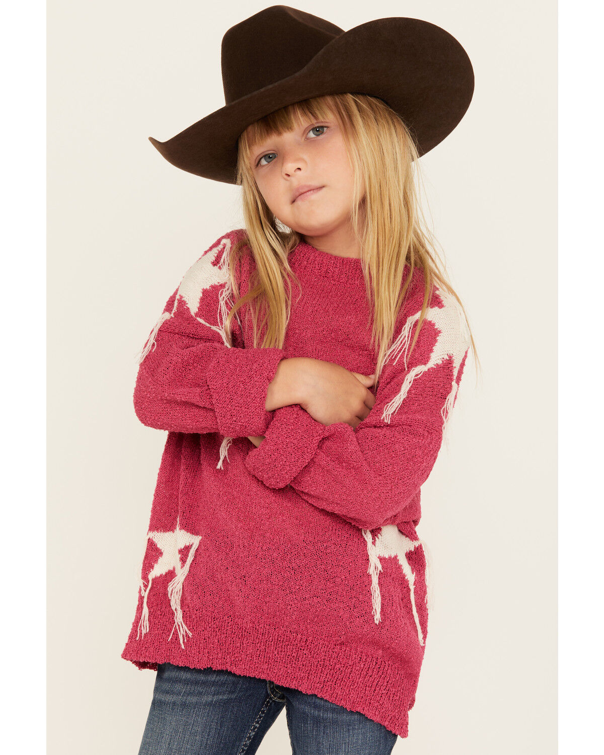 Image #2 - Rock & Roll Denim Girls' Star Print Sweater, Pink, hi-res
