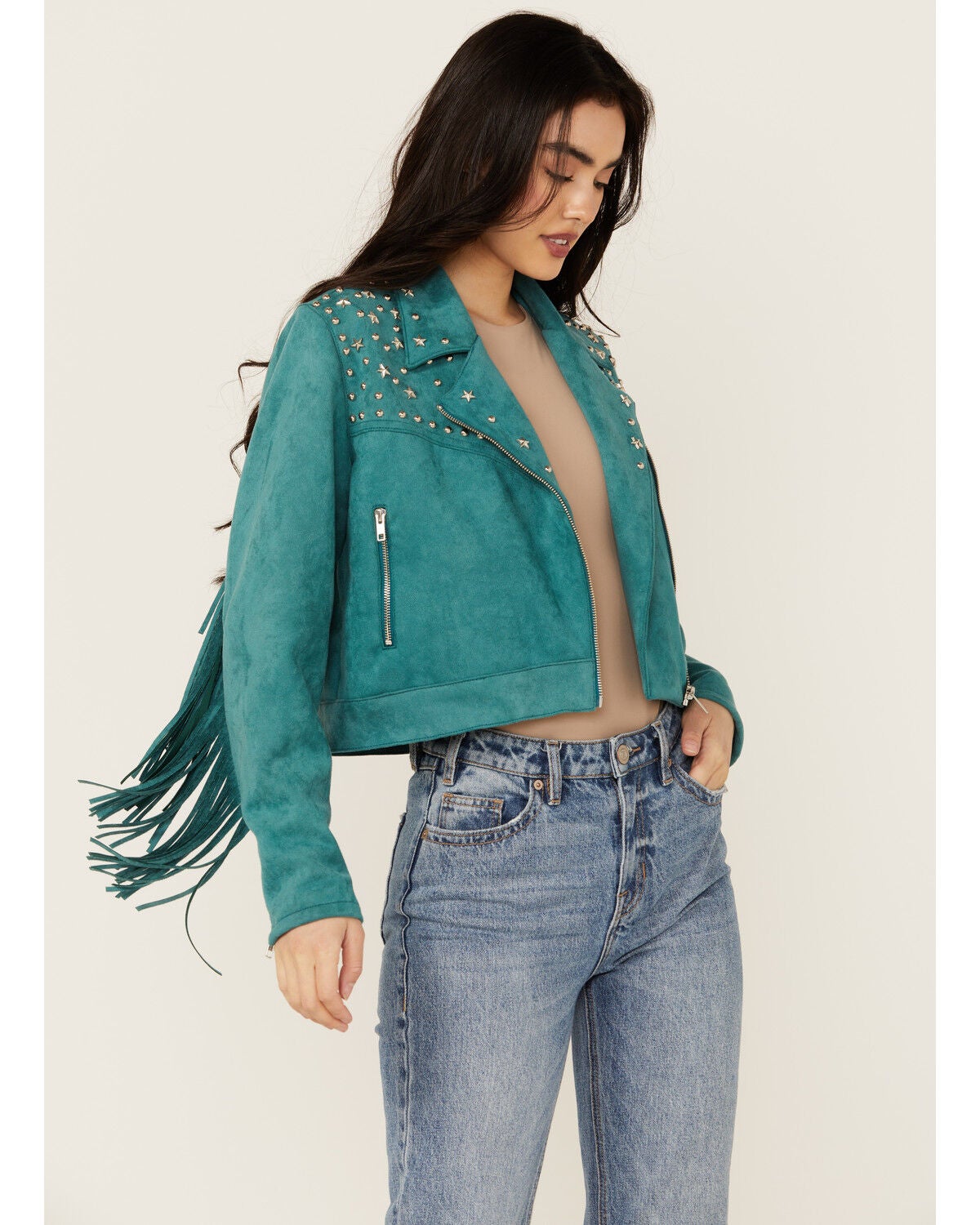 Rock & Roll Denim Women's Faux Suede Moto Fringe Jacket, Teal, hi-res