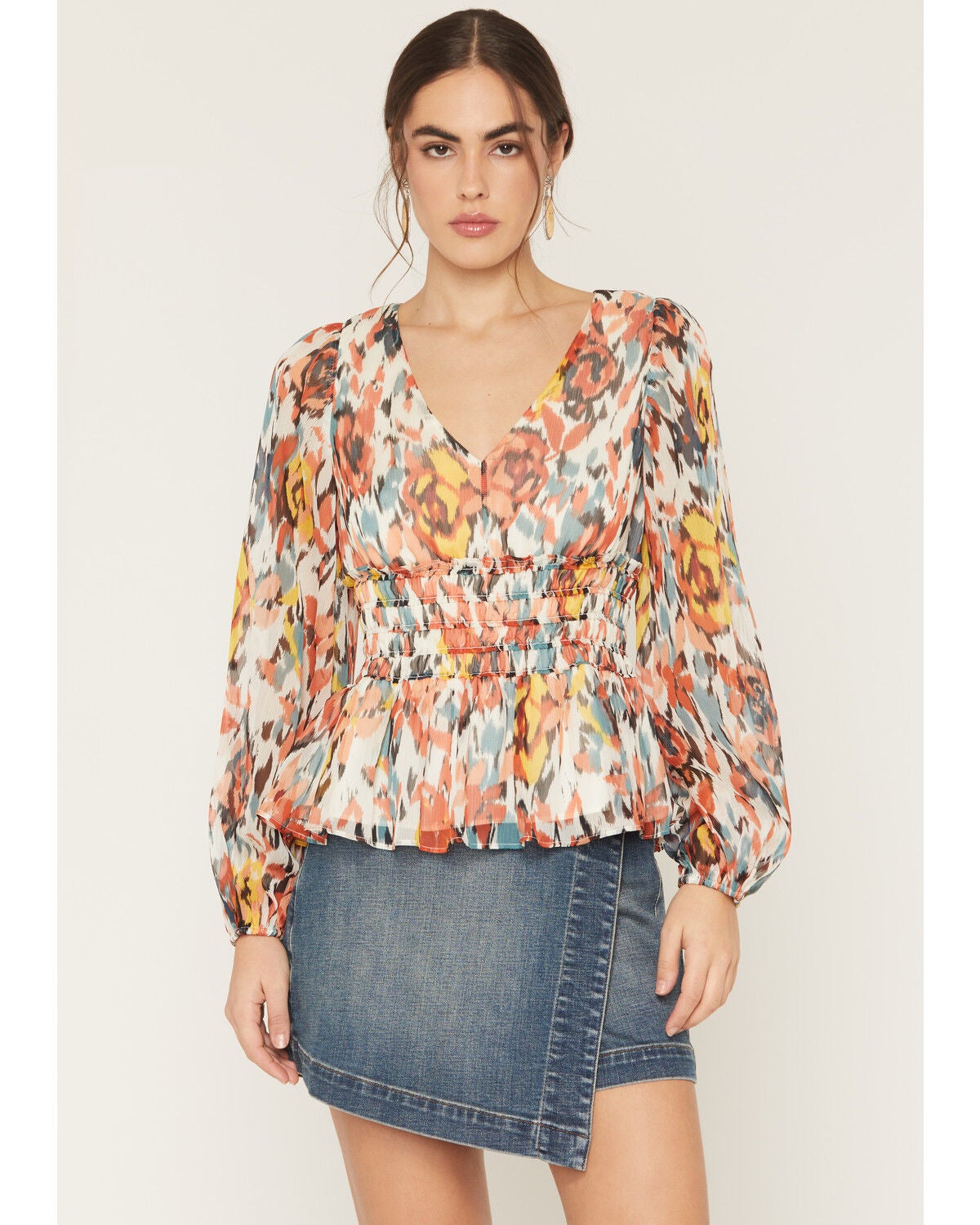 Shyanne Women's Floral Print Long Sleeve Top, Cream, hi-res
