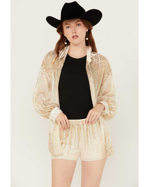 Image #1 - GeeGee Women's Sequins Long Sleeve Button-Down Top , Cream, hi-res