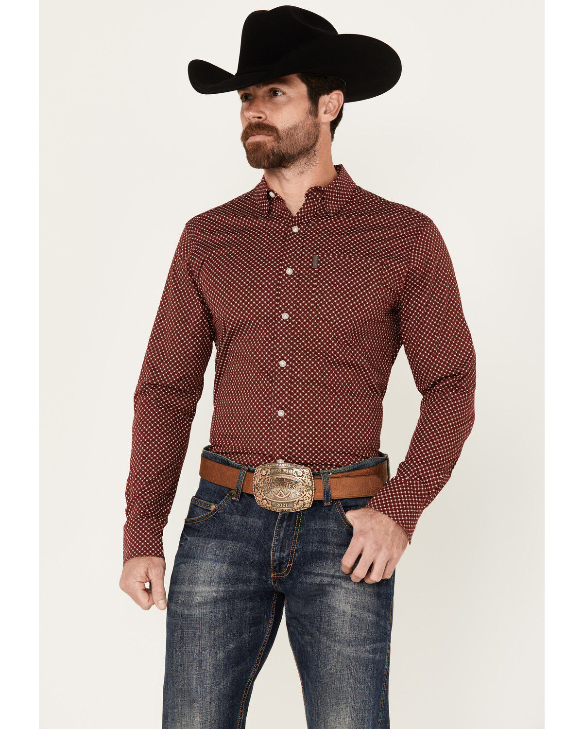 Image #1 - Ariat Men's Macoy Geo Print Long Sleeve Button-Down Stretch Western Shirt, Wine, hi-res