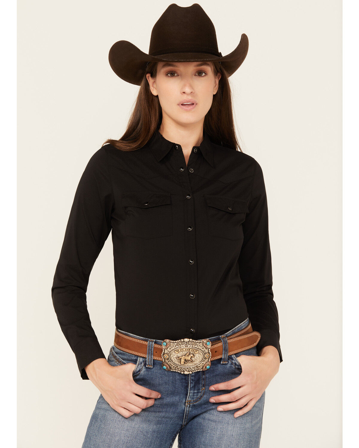 Image #1 - Shyanne Women's Long Sleeve Snap Vented Riding Shirt, Black, hi-res