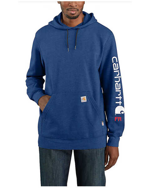 Carhartt Men's FR Loose Fit Mid Weight Logo Work Hooded Sweatshirt, Dark Blue, hi-res