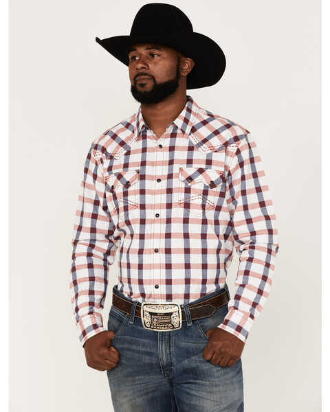 Image #1 - Cody James Men's Blue River Plaid Long Sleeve Snap Western Shirt , Cream, hi-res