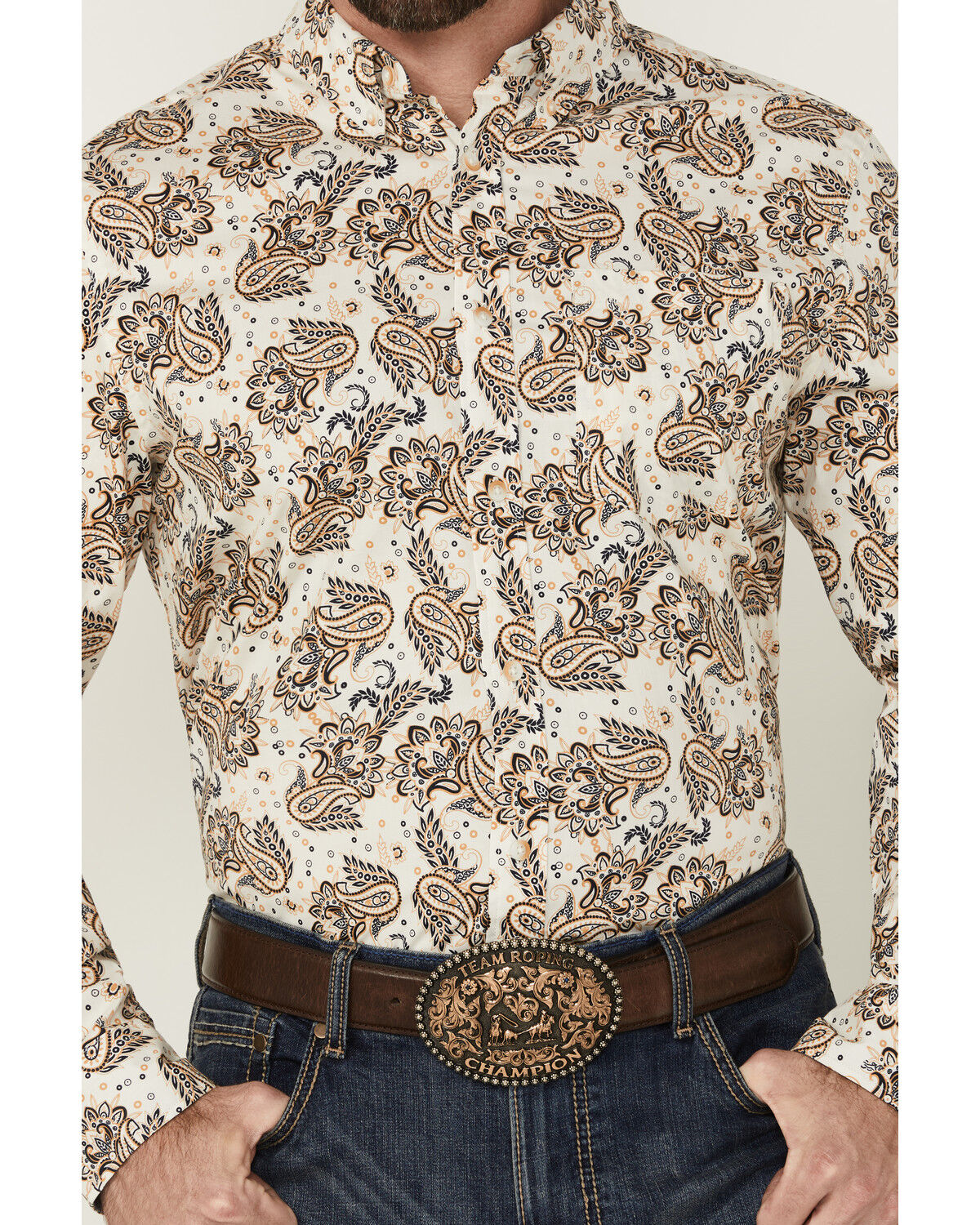 Image #3 - Cody James Men's Kendall Paisley Print Long Sleeve Button-Down Stretch Western Shirt, Tan, hi-res