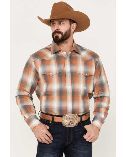 Roper Men's Amarillo Plaid Print Long Sleeve Western Pearl Snap Shirt, Rust Copper, hi-res