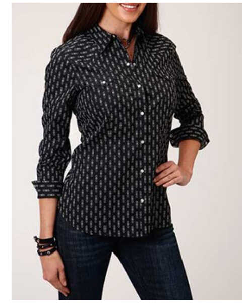 Image #1 - Roper Women's Arrow Diamond Long Sleeve Snap Western Shirt, Black, hi-res