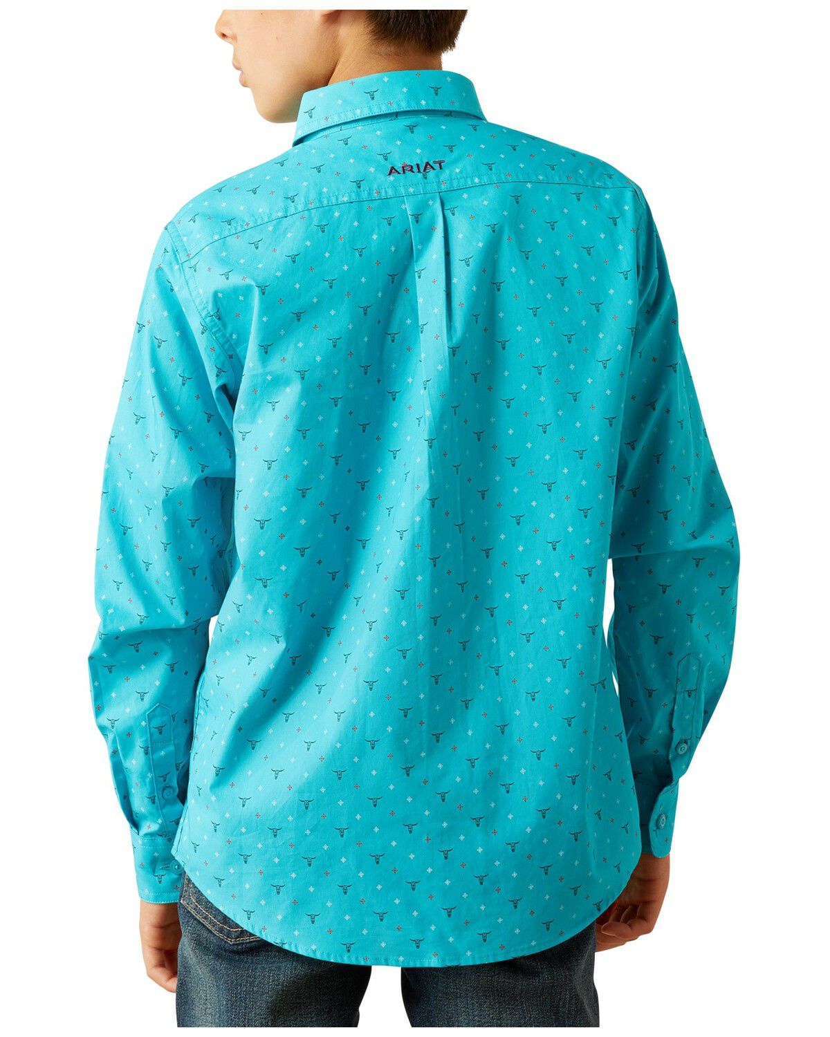 Image #2 - Ariat Boys' Steer Print Long Sleeve Button-Down Western Shirt, Blue, hi-res