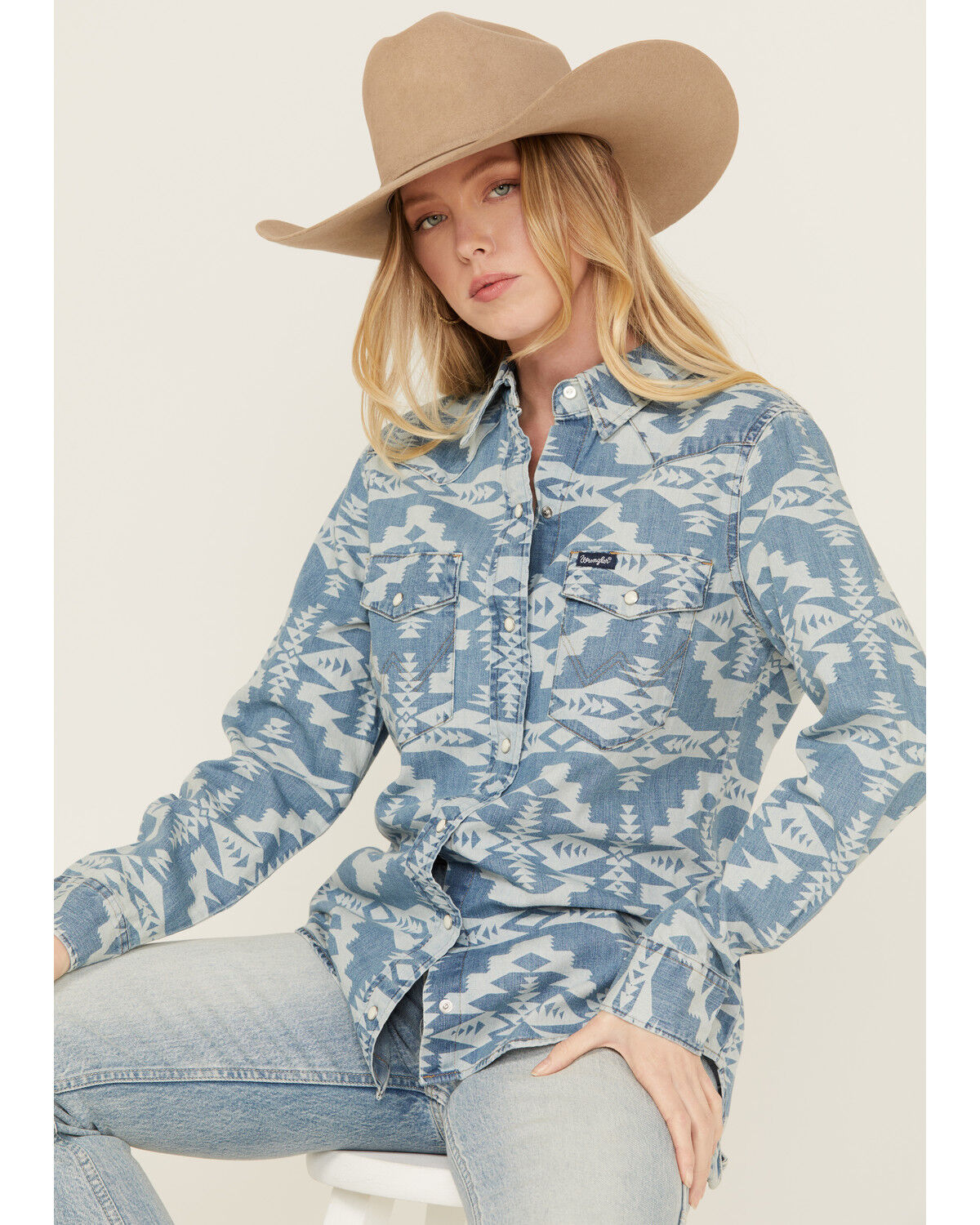 Image #1 - Wrangler Retro Women's Southwestern Print Long Sleeve Pearl Snap Denim Western Shirt, Blue, hi-res