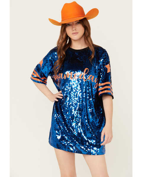 Image #1 - Why Dress Women's Game Day Sequins Oversized Tee, Orange, hi-res