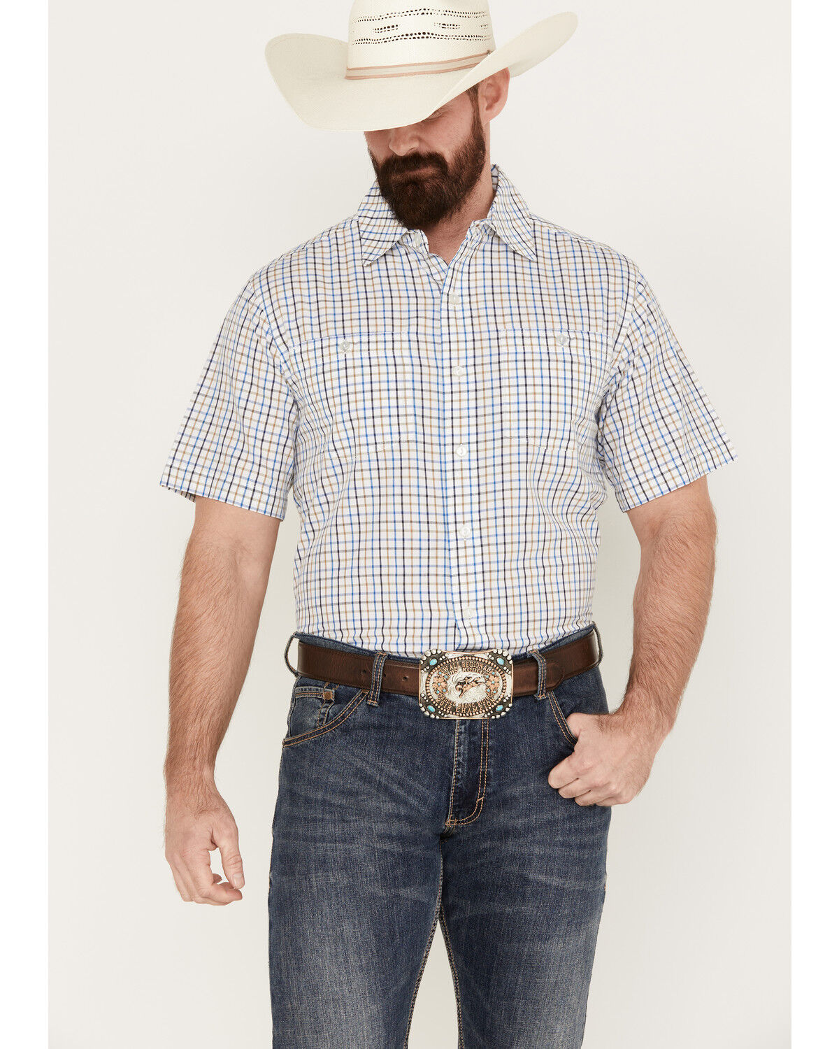 Image #1 - Resistol Men's Ennis Checkered Print Short Sleeve Button Down Western Shirt, Blue, hi-res