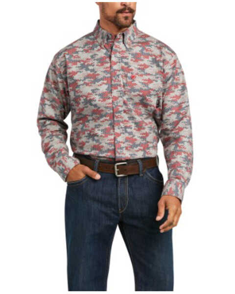 Ariat Men's FR Alloy Patriot Camo Print Durastretch Long Sleeve Button Down Work Shirt - Tall , Camouflage, hi-res