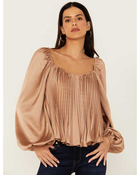Image #1 - Flying Tomato Women's Pleated Long Sleeve Top , Bronze, hi-res