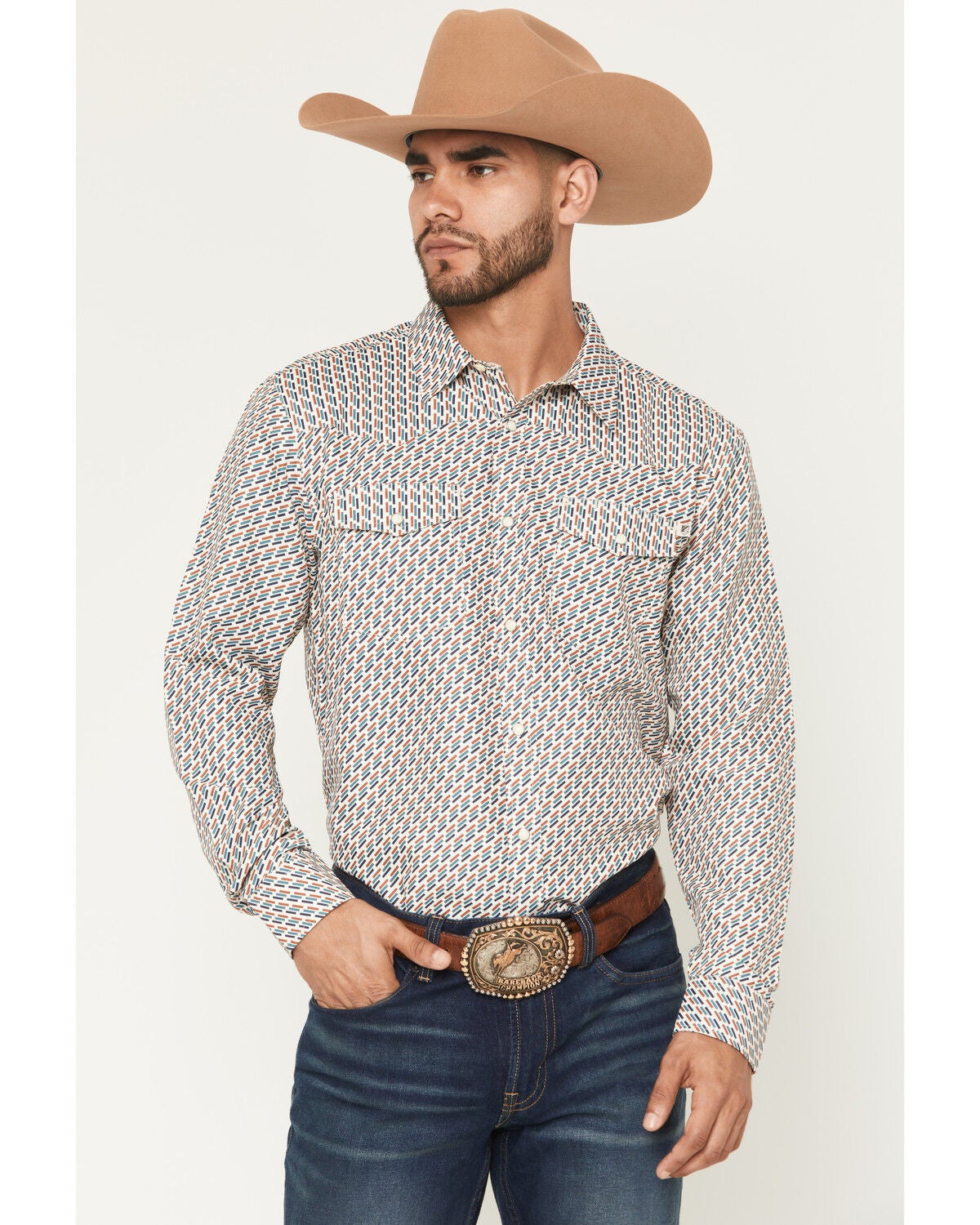RANK 45&reg; Men's Geometric Fuji Print Long Sleeve Snap Performance Shirt, Sand, hi-res