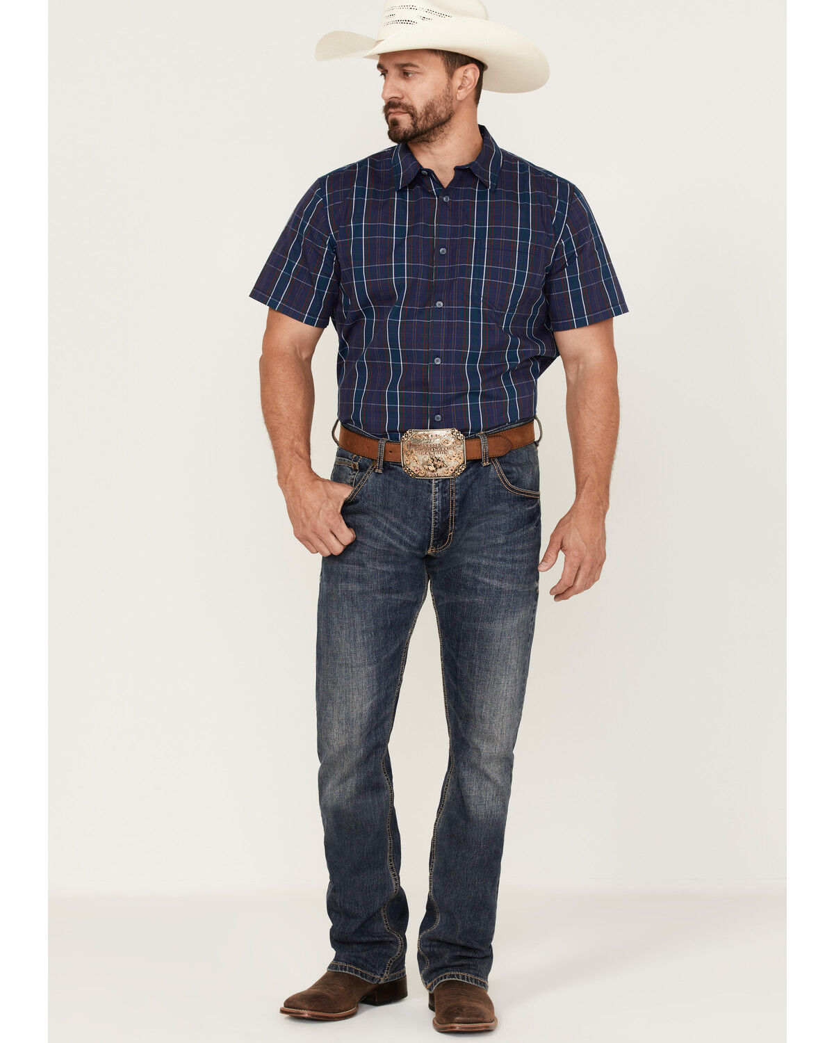 Image #2 - Gibson Men's Lost Leader Plaid Short Sleeve Button Down Western Shirt, Navy, hi-res