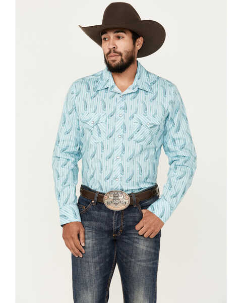 Image #1 - Rock & Roll Denim Men's Paisley Striped Print Long Sleeve Pearl Snap Stretch Western Shirt, Turquoise, hi-res