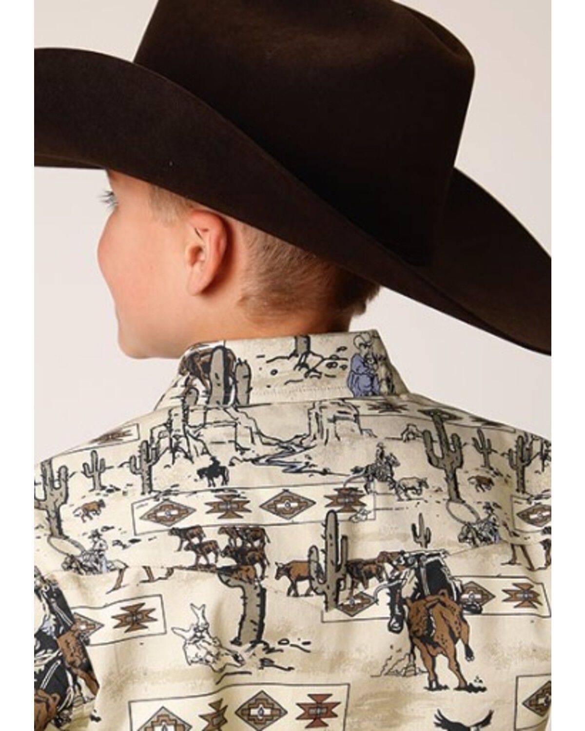Image #2 - Roper Boys' Vintage Printed Long Sleeve Snap Western Shirt, Brown, hi-res