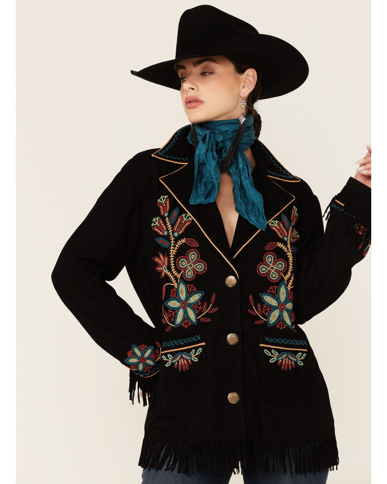 Double D Ranch Women's Shawatis Chic Button Front Suede Jacket , Black, hi-res