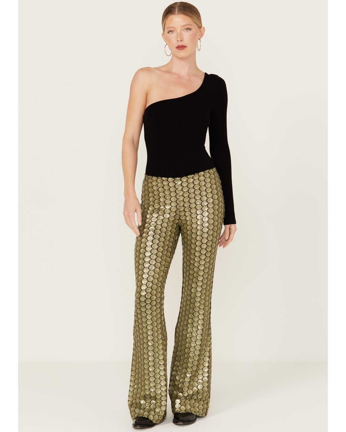 Image #1 - Free People Women's Wilder Days Sequins Flare Pants, Olive, hi-res