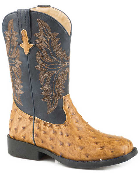Image #1 - Roper Boys' Cowboy Cool Faux Ostrich Western Boots - Broad Square Toe, Tan, hi-res