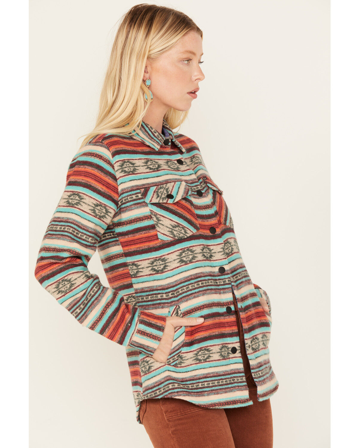 Image #2 - Panhandle Women's Southwestern Stripe Print Shacket, Jade, hi-res