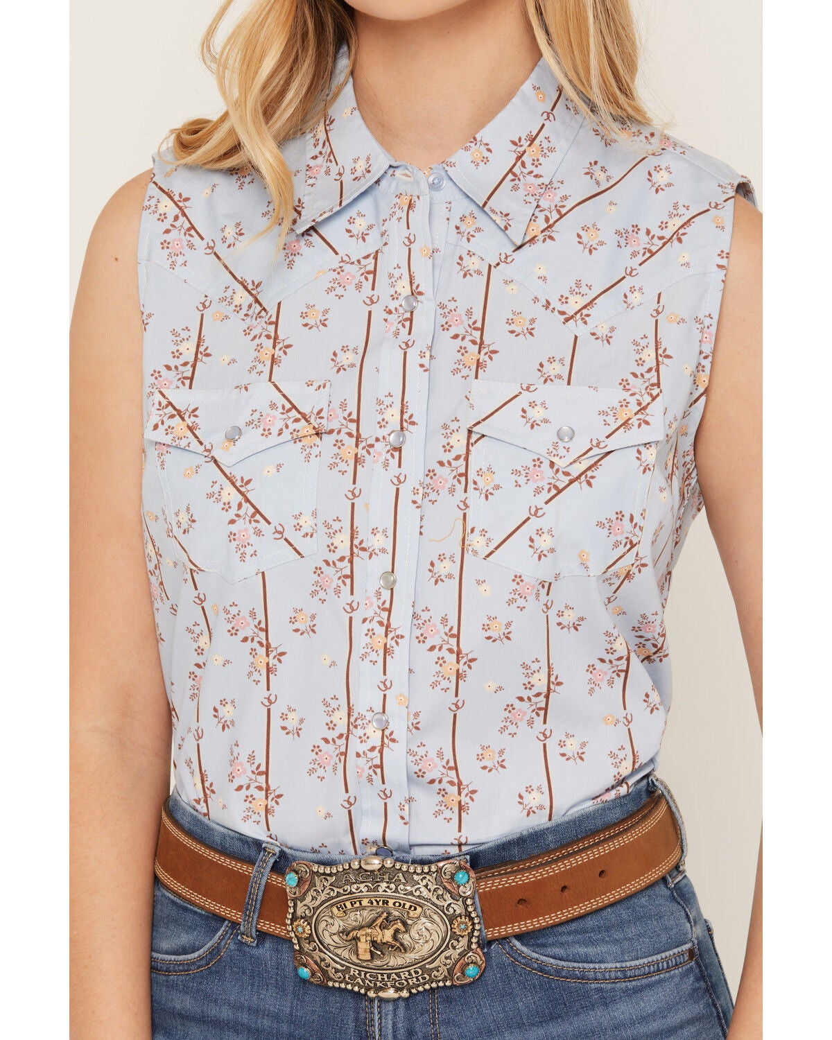 Image #3 - Ely Walker Women's Boot Barn Exclusive Floral Horseshoe Print Sleeveless Pearl Snap Western Shirt, Blue, hi-res