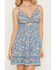 Image #3 - Angie Women's Floral Print Knot Front Mini Dress, Light Blue, hi-res
