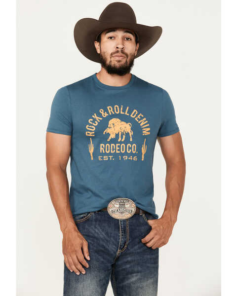 Image #1 - Rock & Roll Denim Men's Bull Logo Short Sleeve Graphic T-Shirt, Teal, hi-res