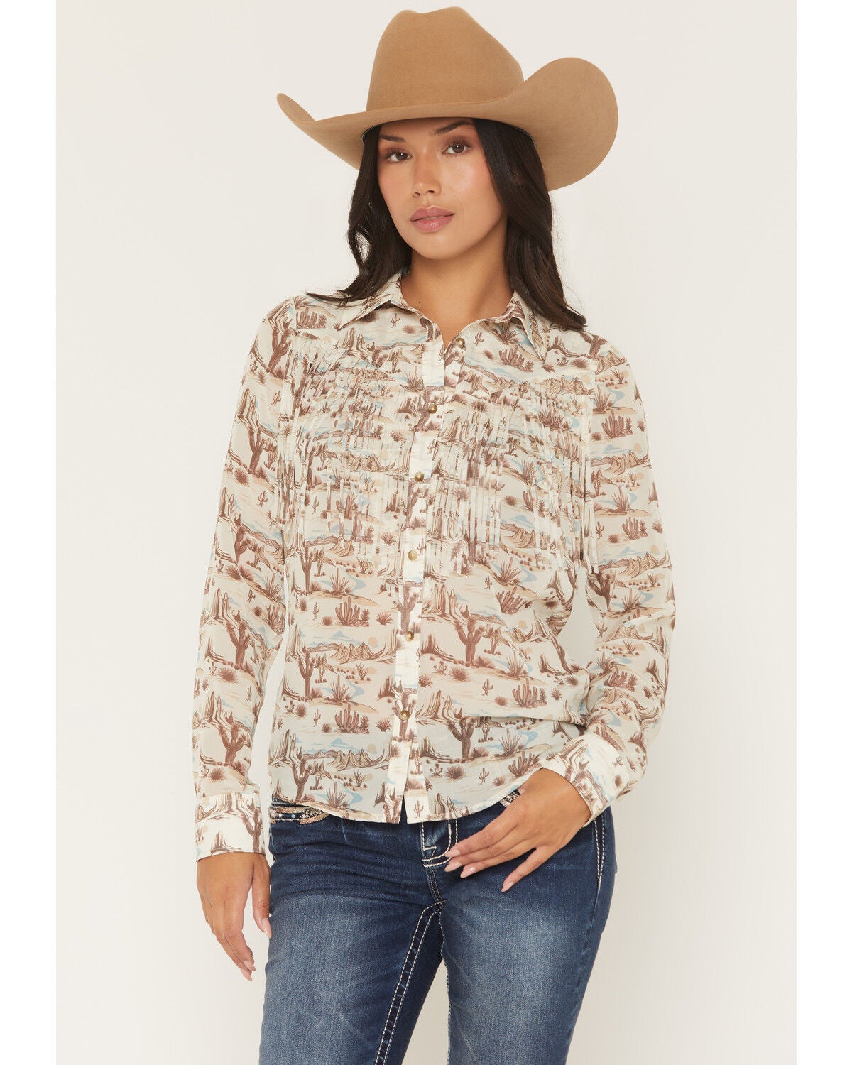 Shyanne Women's Mckean Desert Print Long Sleeve Fringe Button-Down Chiffon Western Shirt, Cream, hi-res