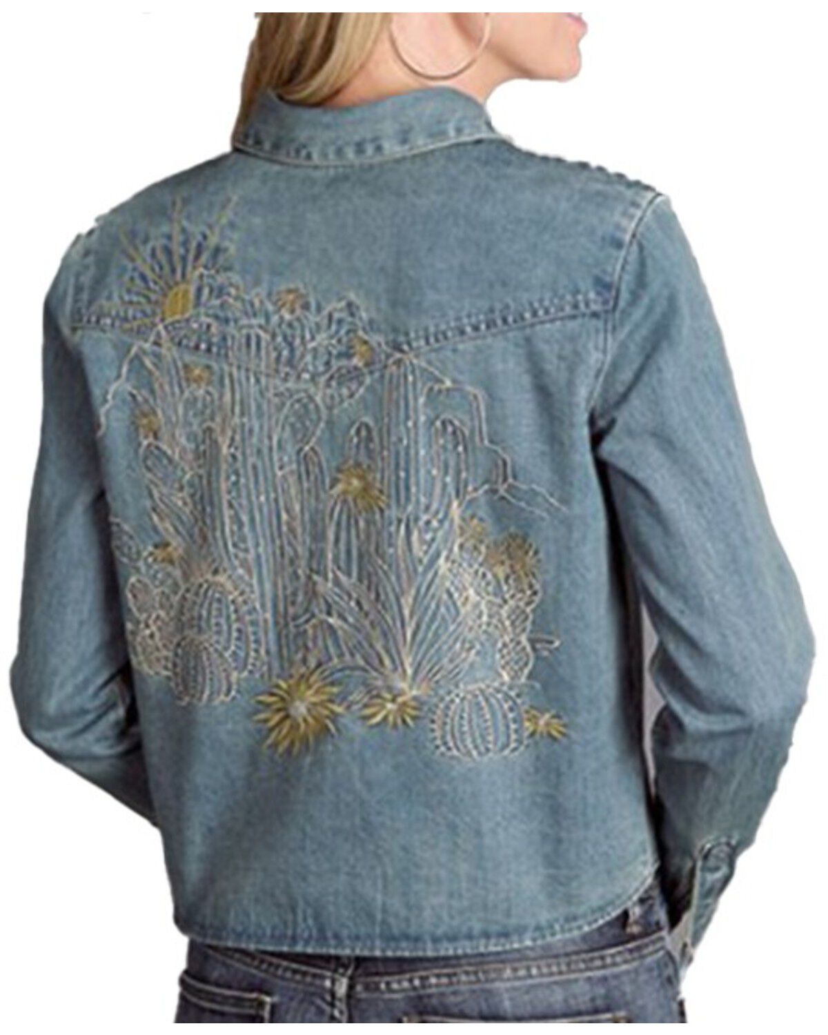 Image #1 - Stetson Women's Light Wash Sprint II Embroidered Long Sleeve Snap Cropped Denim Shirt, Light Wash, hi-res