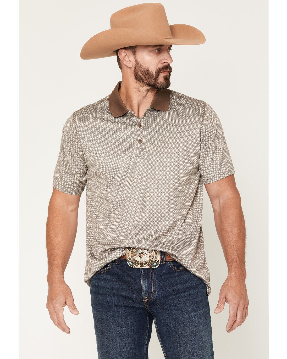 RANK 45&reg; Men's Urban Rancher Geo Print Short Sleeve Button-Down Polo Shirt, Brown, hi-res
