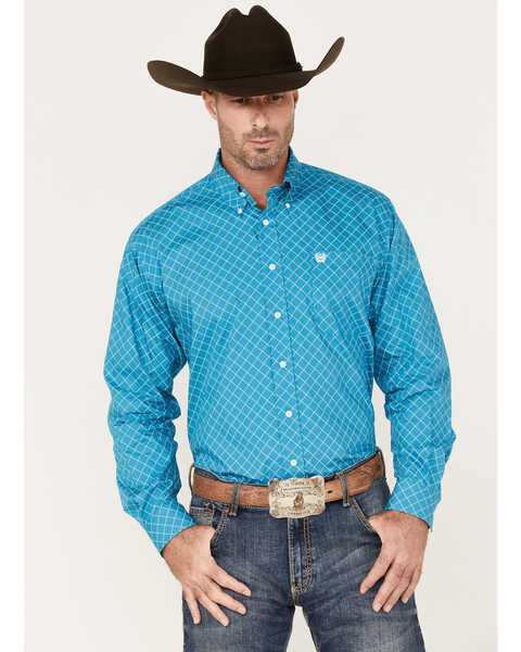 Cinch Men's All-Over Diamond Print Button Down Western Shirt , Blue, hi-res