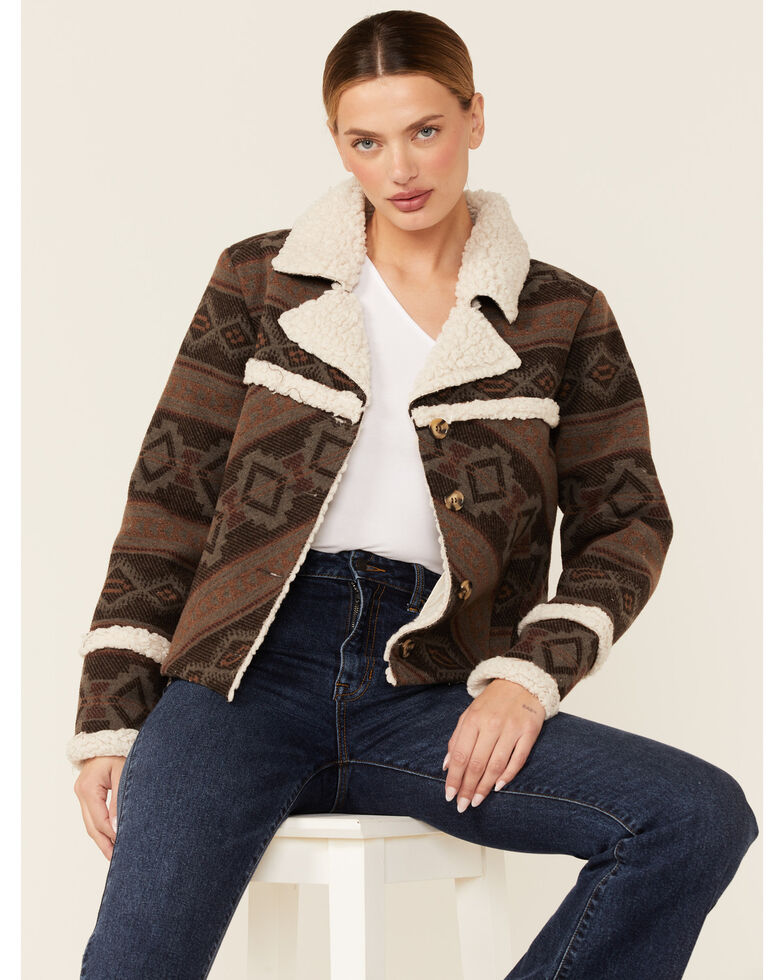 Cruel Girl Women's Sherpa Trucker Southwestern Jacket, Brown, hi-res