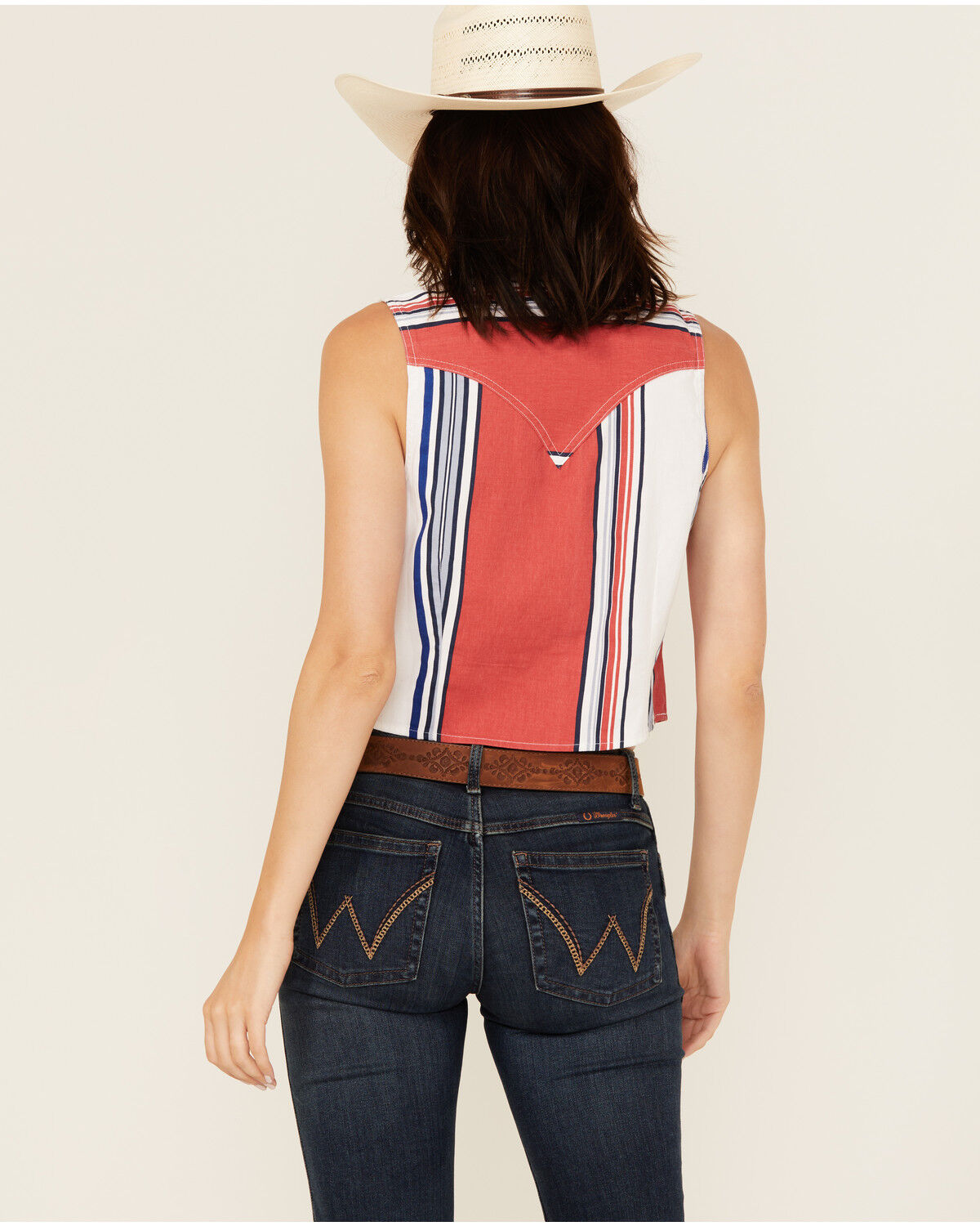 Image #4 - Wrangler Retro Women's Striped Print Sleeveless Snap Cropped Western Shirt, Red, hi-res