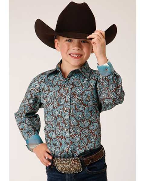 Roper Boys' Paisley Print Long Sleeve Pearl Snap Western Shirt , Turquoise, hi-res