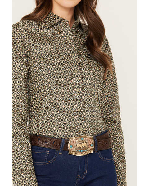 Image #3 - Cinch Women's Geo Print Long Sleeve Snap Western Shirt, Olive, hi-res