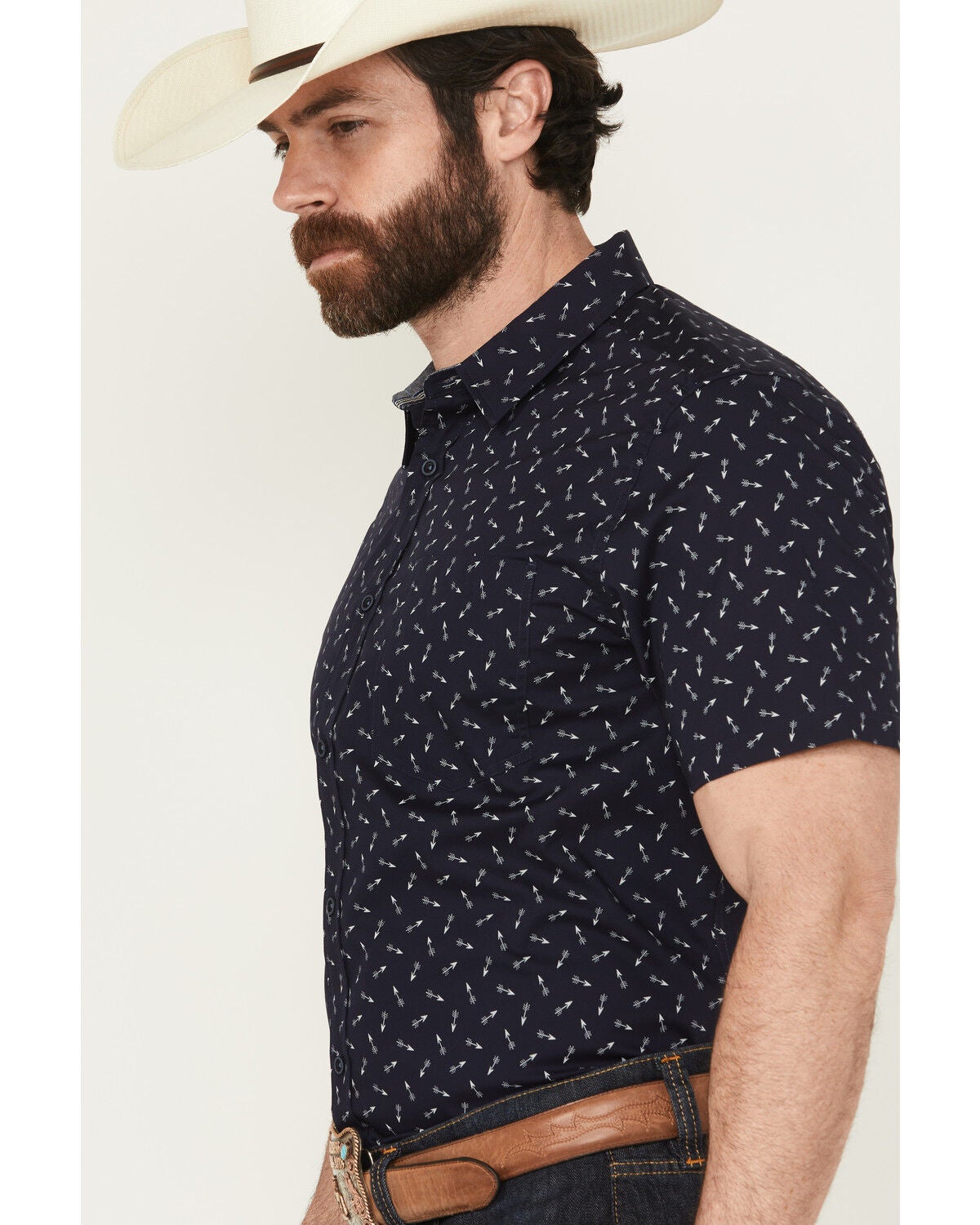 Image #2 - Cody James Men's Idaho Geo Print Short Sleeve Button-Down Stretch Western Shirt, Navy, hi-res