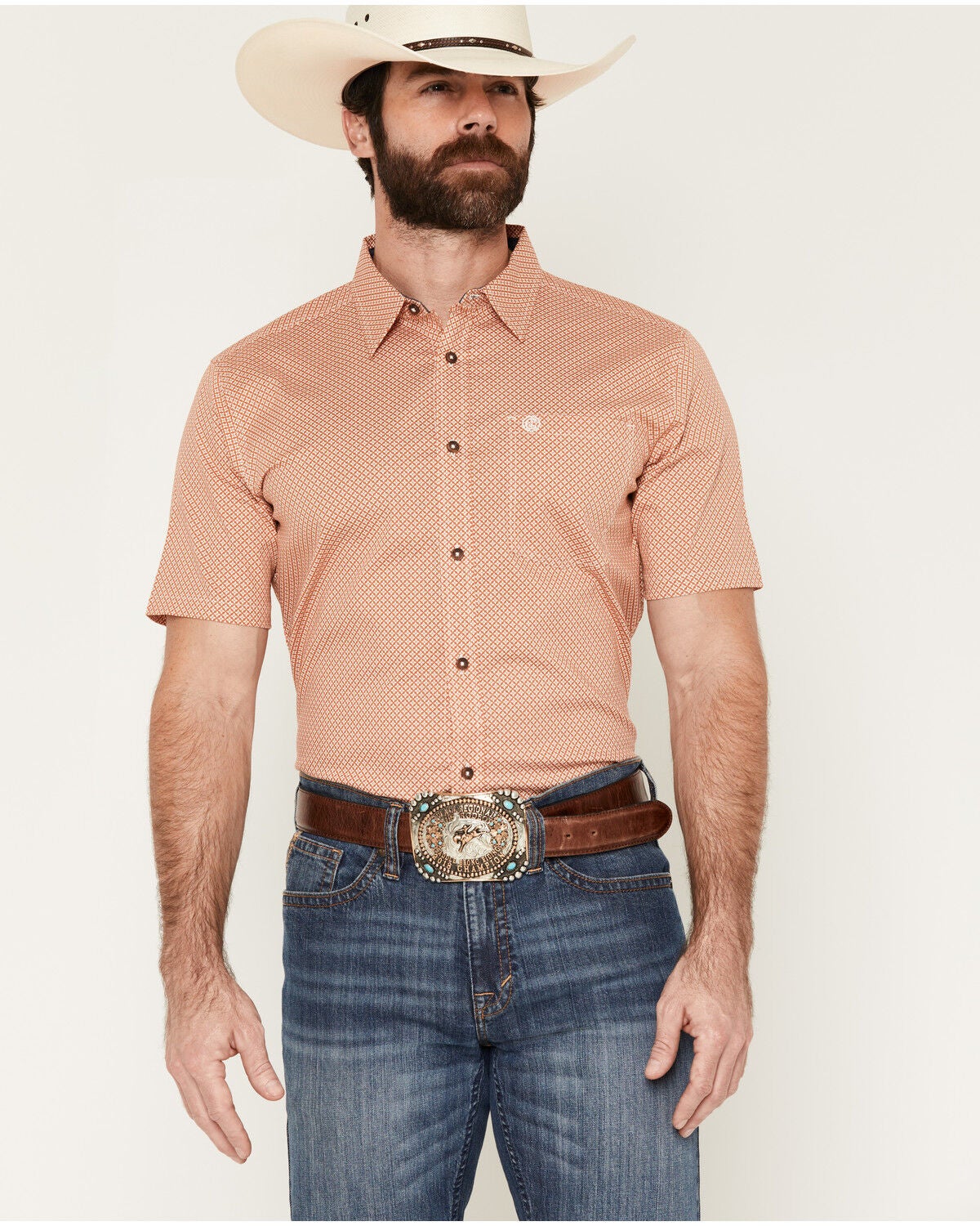 Image #1 - Cody James Men's Grill And Greet Medallion Print Short Sleeve Stretch Western Shirt, Red, hi-res