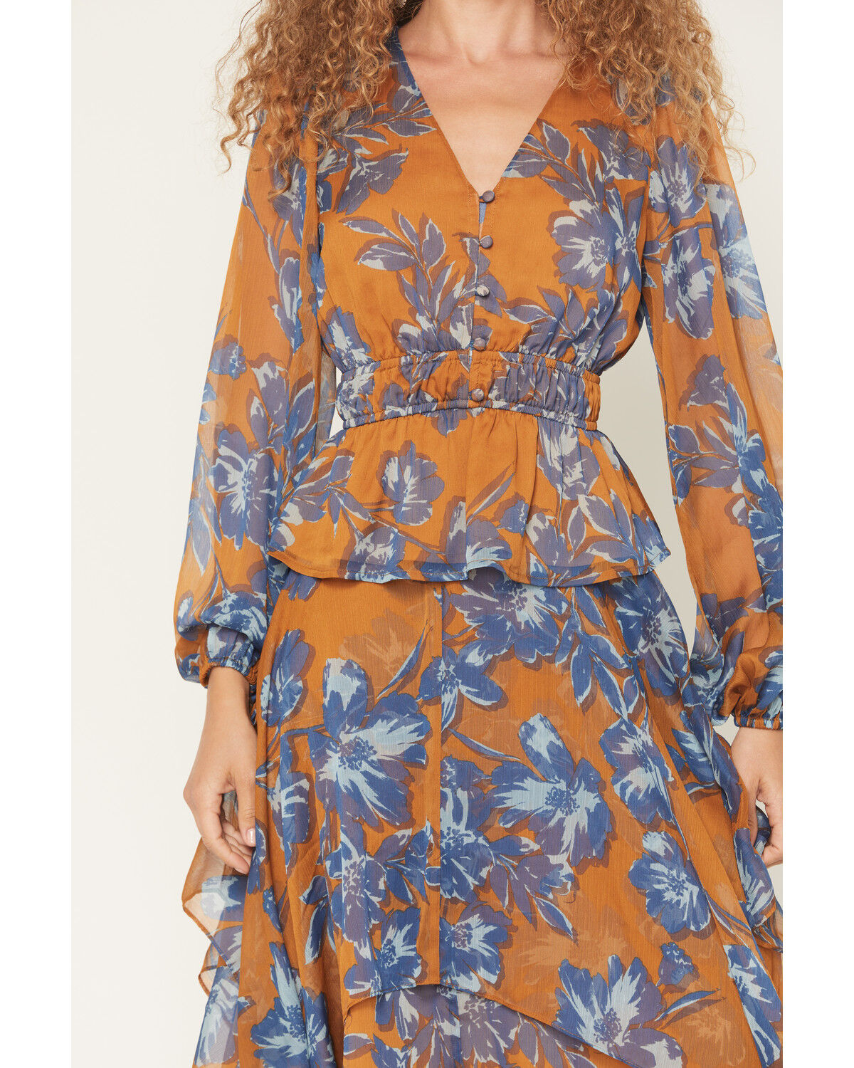Image #3 - Shyanne Women's Floral Print Long Sleeve Chiffon Shirt, Pecan, hi-res