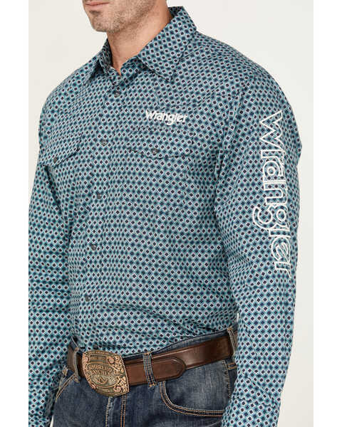 Wrangler Men's Logo Geo Print Long Sleeve Western Snap Shirt, Navy, hi-res