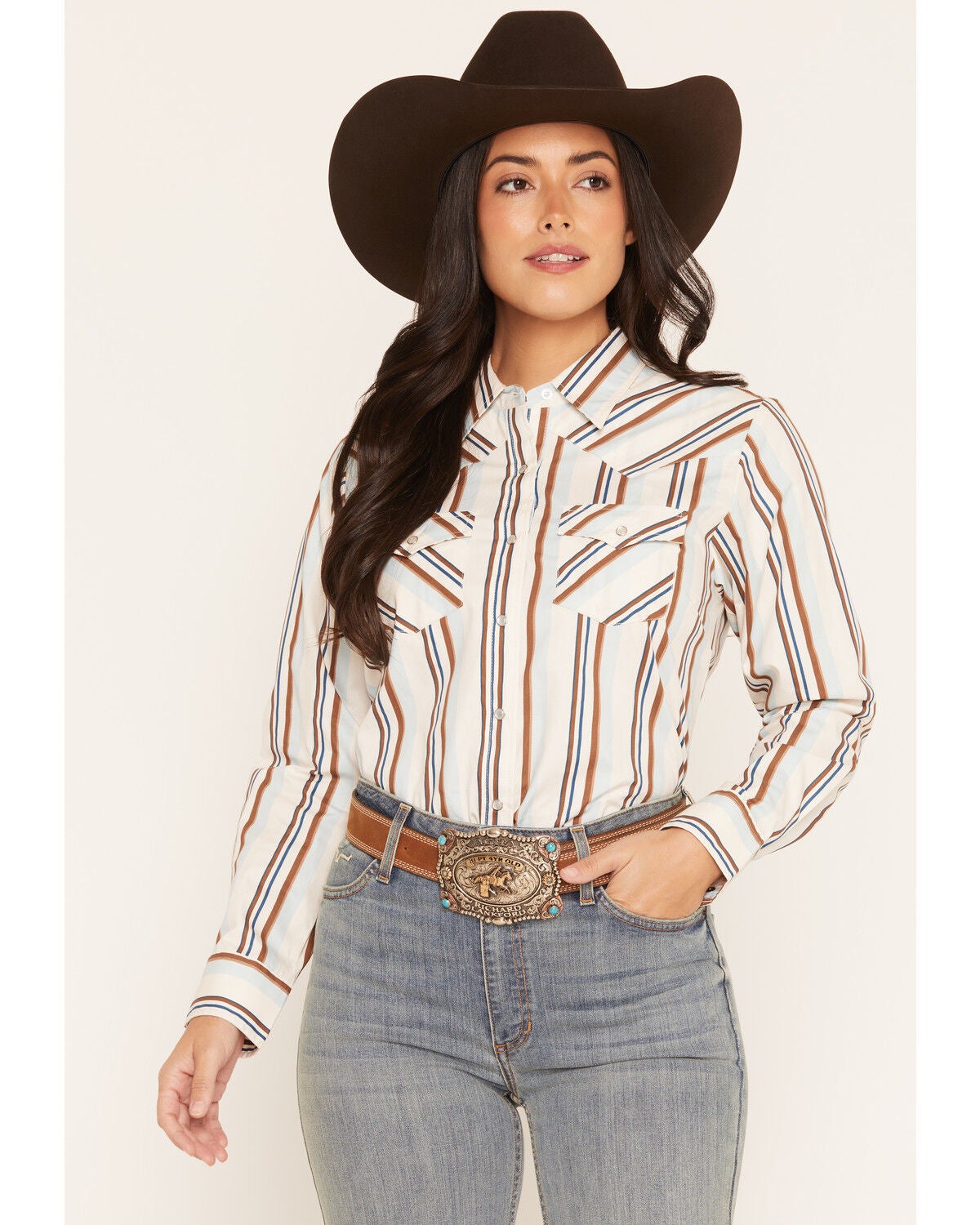 Ely Walker Women's Boot Barn Exclusive Striped Long Sleeve Pearl Snap Western Shirt, Ivory, hi-res