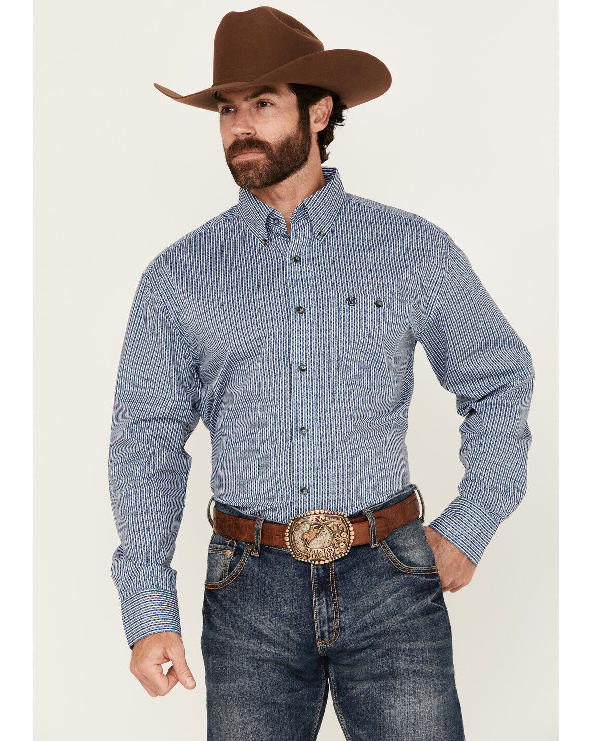 Image #1 - Wrangler Men's Striped Geo Print Long Sleeve Button-Down Western Shirt, Blue, hi-res