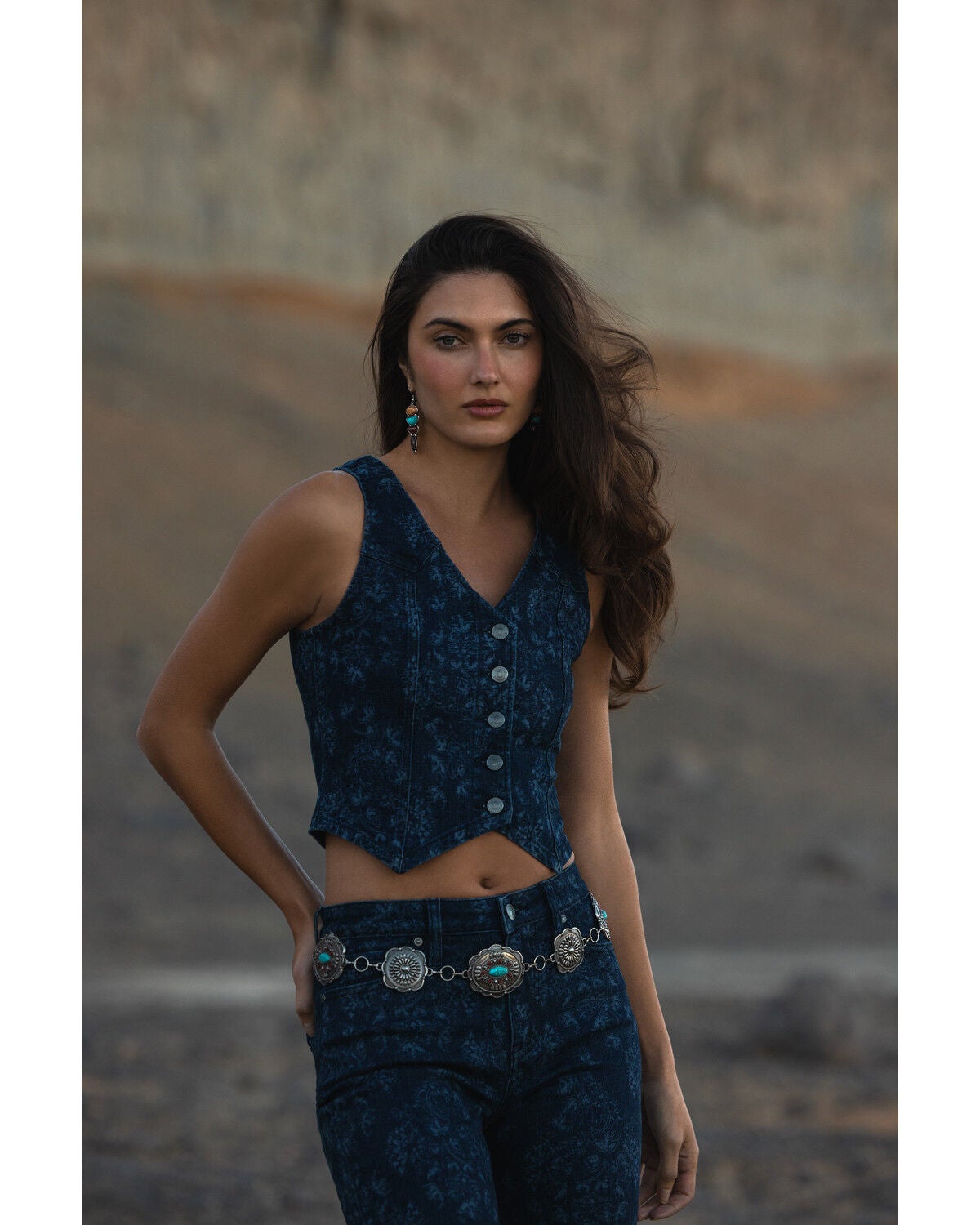 Image #1 - Shyanne Women's Lucy Floral Print Vest, Dark Wash, hi-res