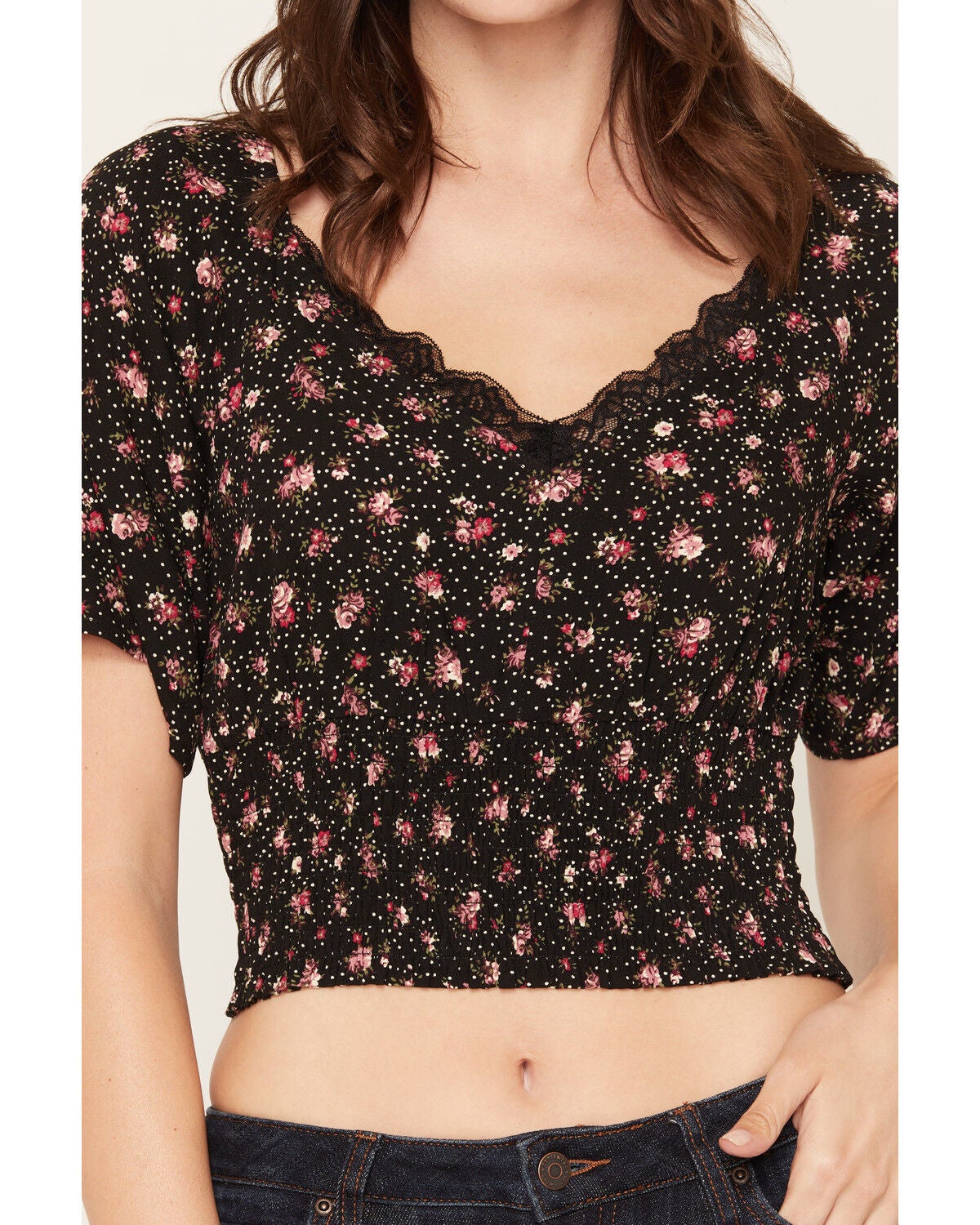 Image #3 - Idyllwind Women's Laredo Floral Print Cropped Blouse, Black, hi-res