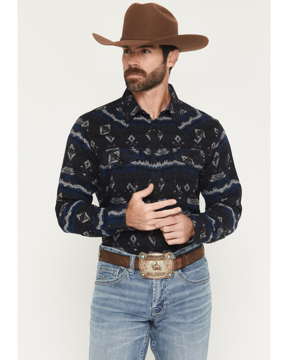 Image #1 - Cody James Men's Ironwood Southwestern Striped Long Sleeve Snap Flannel Shirt, Navy, hi-res