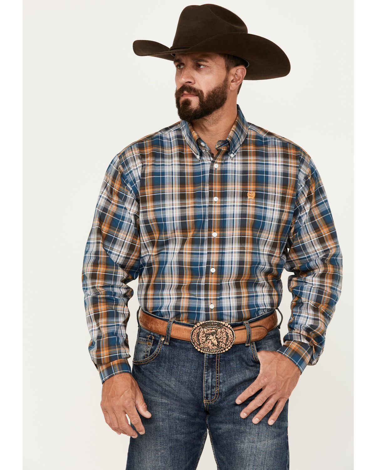 Image #1 - Cinch Men's Plaid Print Long Sleeve Button-Down Western Shirt, Blue, hi-res