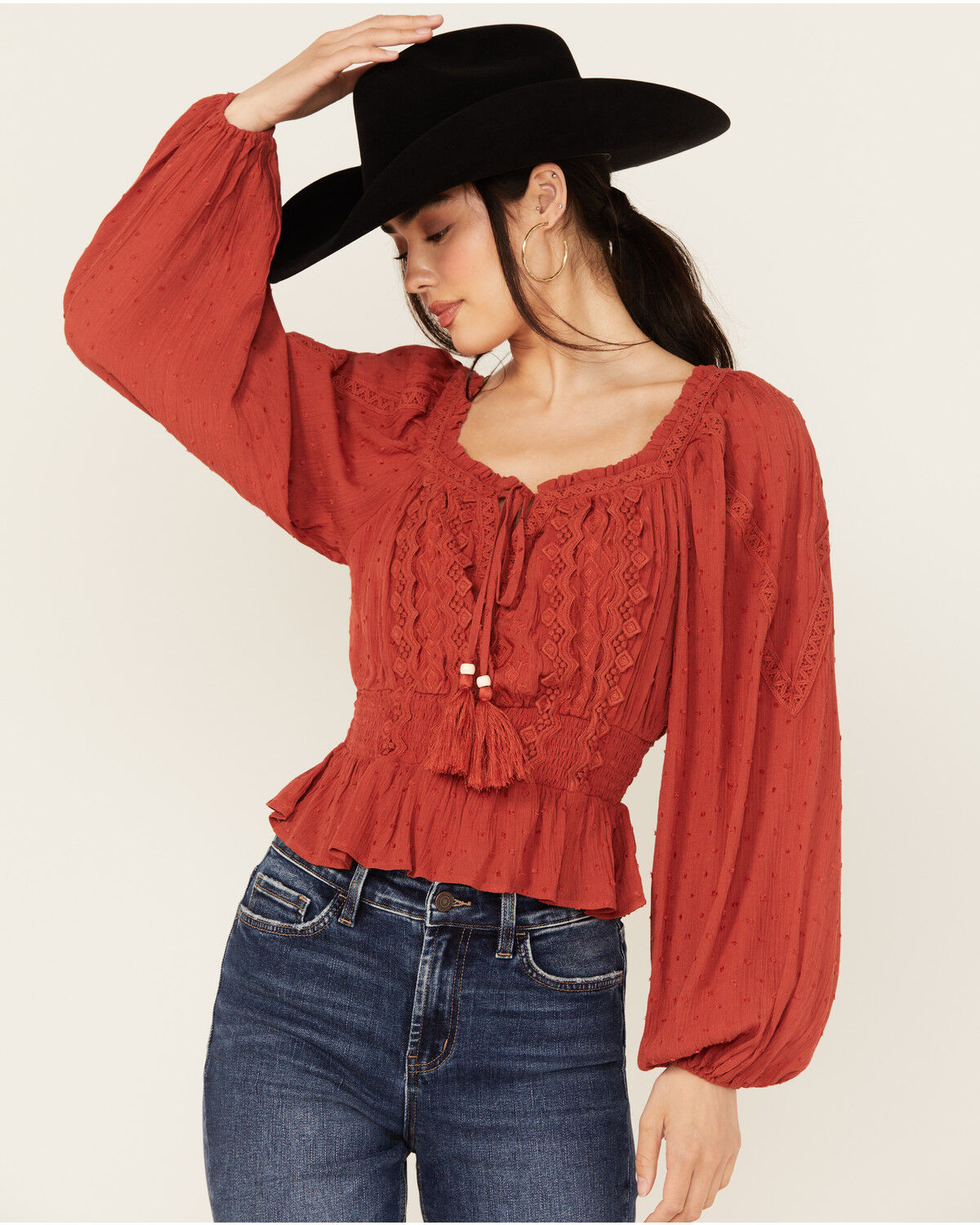 Image #1 - Miss Me Women's Embroidered Long Sleeve Peasant Top, Red, hi-res
